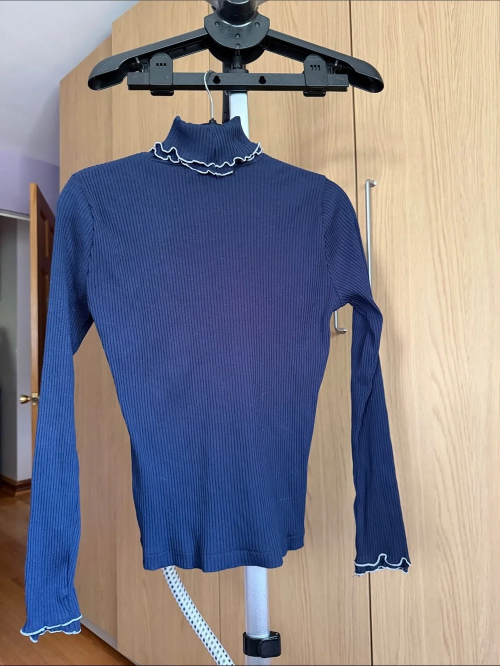 J. Crew Navy Ribbed Long-Sleeve Mock Neck Top with White Trim